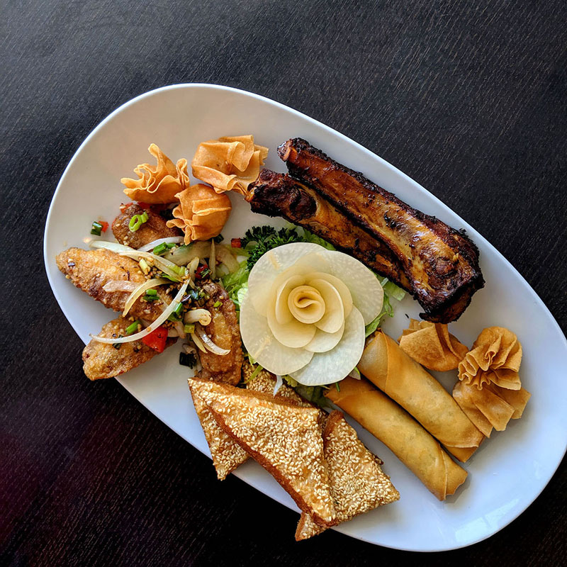 Trung's Restaurant sharing platter mixed start for two salt and pepper chicken wings wan tun nuggets barbeques ribs prawn toast